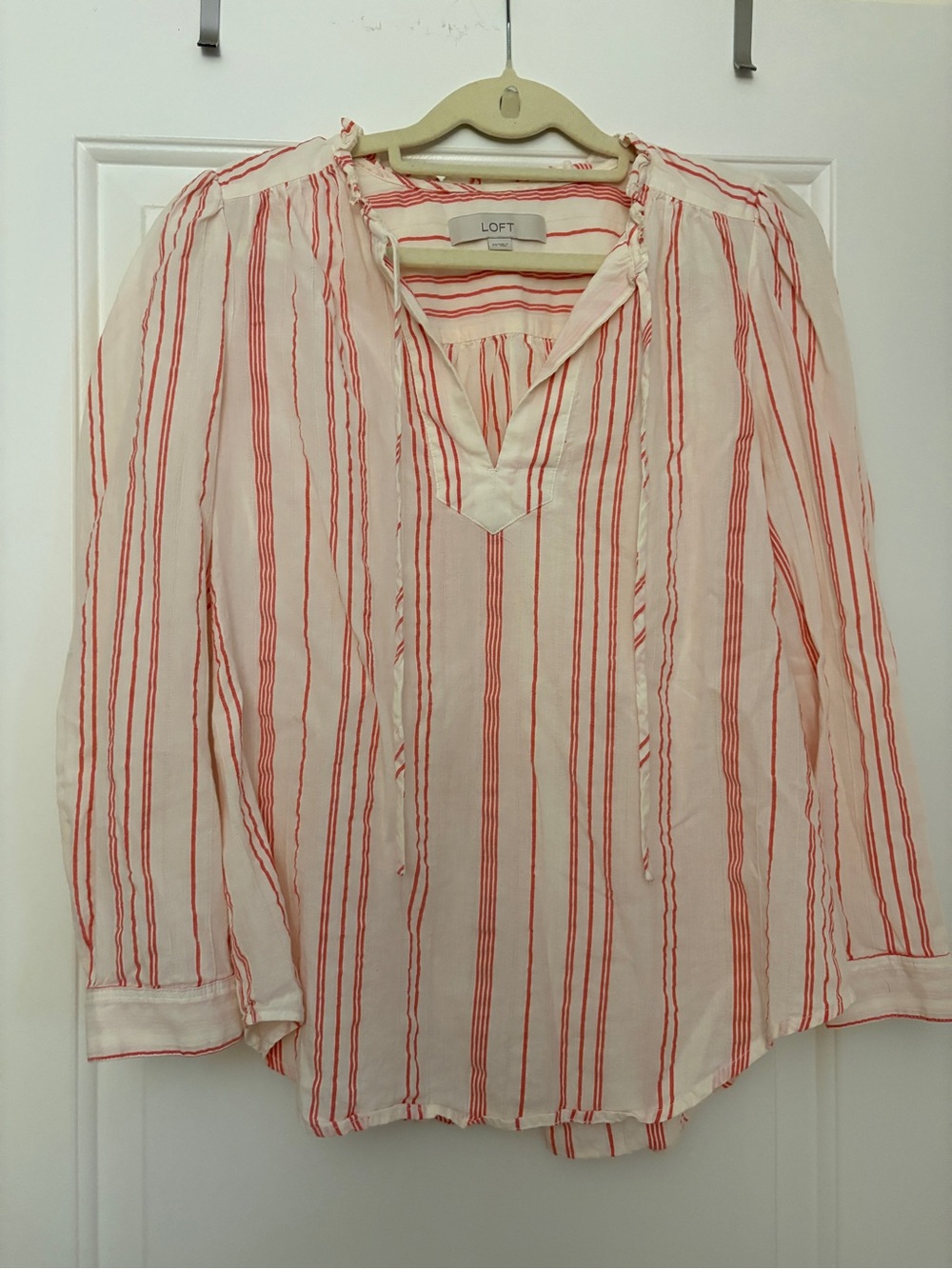 LOFT White Blouse with Coral Stripes V-Neck Peasant Top